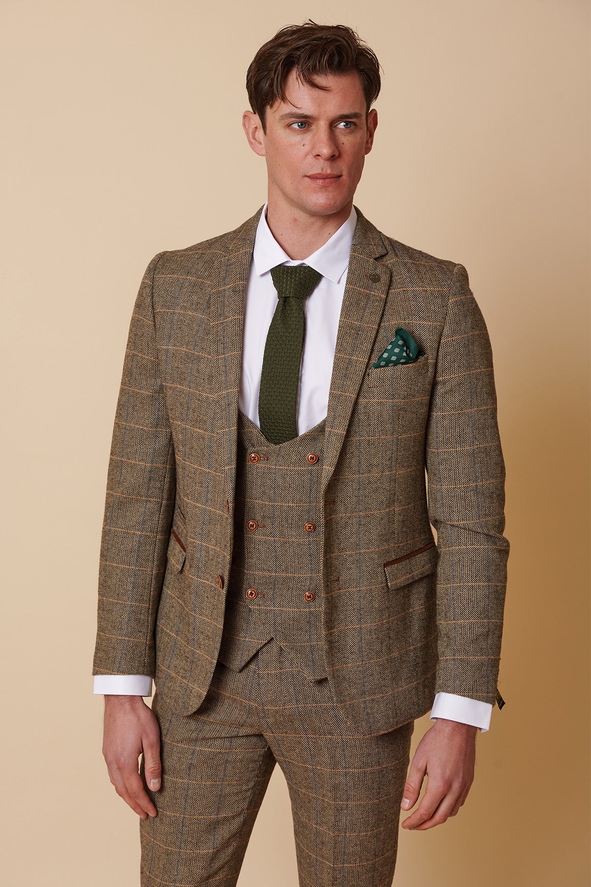 Herrenanzug, 3-teilig, Fischgrätenmuster, Tweed, hellbraun, kariert, maßgeschneiderte Passform, doppelt klassisch