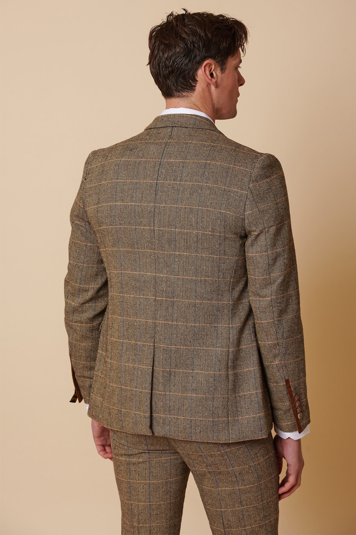 Herrenanzug, 3-teilig, Fischgrätenmuster, Tweed, hellbraun, kariert, maßgeschneiderte Passform, doppelt klassisch
