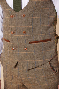 Herrenanzug, 3-teilig, Fischgrätenmuster, Tweed, hellbraun, kariert, maßgeschneiderte Passform, doppelt klassisch