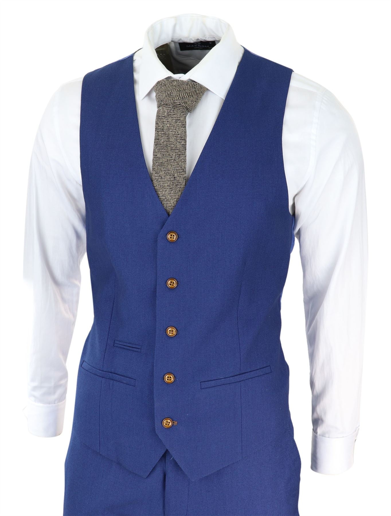 Mens Royal Blue 3 piece Suit Brown Trim Classic Birdseye Vintage Wedding Grooms