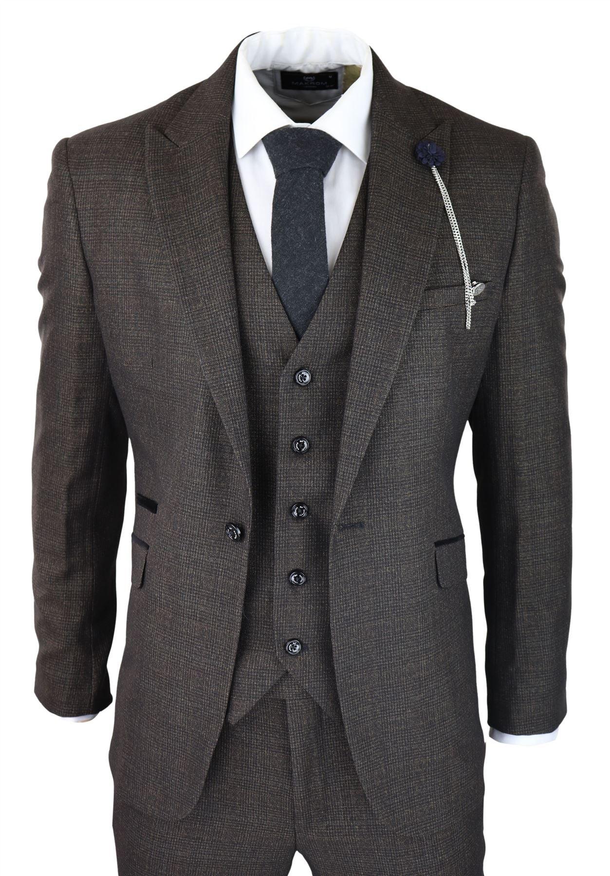 Mens 3 Piece Check Suit Tweed Black Brown Tailored Fit Wedding Peaky Classic