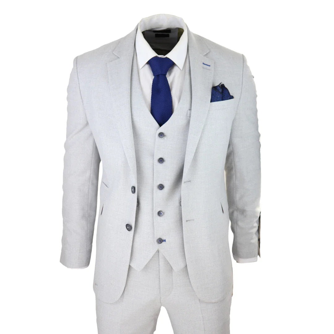 Mens Tweed Light Grey 3 Piece Suit Tailored Fit Classic Vintage 1920s Wedding