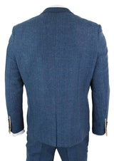 Marc Darcy Dion - Mens Blue Tan Brown 3 Piece Herringbone Tweed Check Vintage Tailored Fit Suit