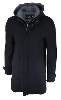 Mens 3/4 Long Overcoat Black Jacket Coat Removable Hood Smart Casual Winter Warm Wool
